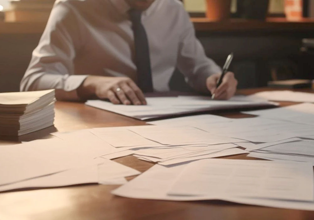 lawyer in office surrounded by paperwork